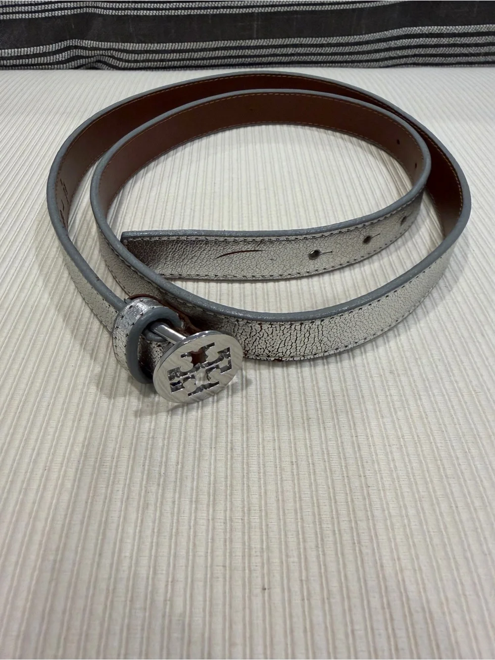 Tory Burch Silver Metallic Leather Logo Buckle Belt